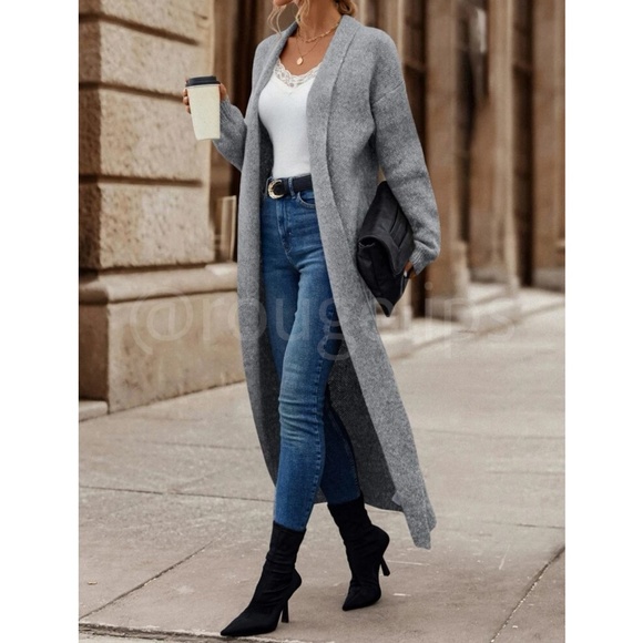 Grey Duster Shawl Cardigan Knit Long Open Long Sleeve - Picture 2 of 8